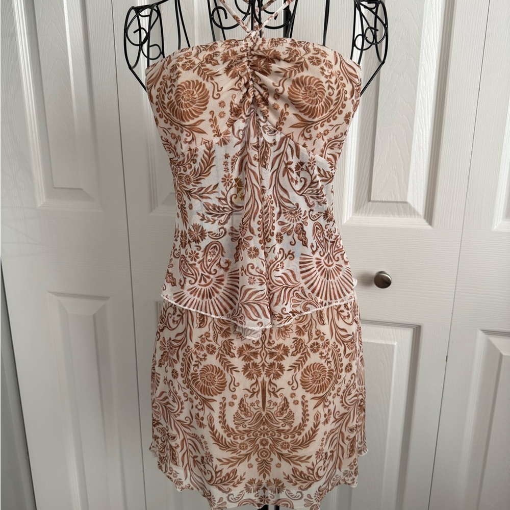 SEE YOU MONDAY Brown & White Patterned Strapless Top & Skirt, NWT